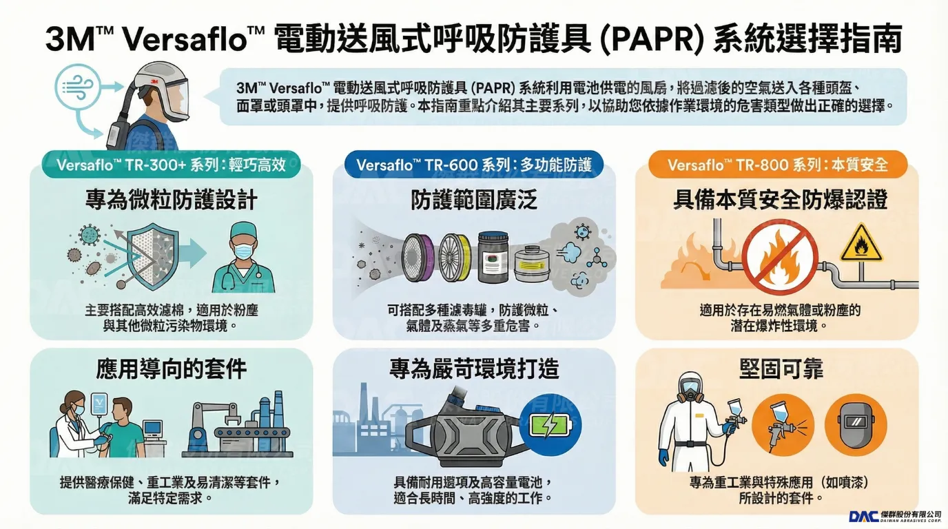 3M Versaflo 電動送風呼吸防護具系統選擇指南圖表