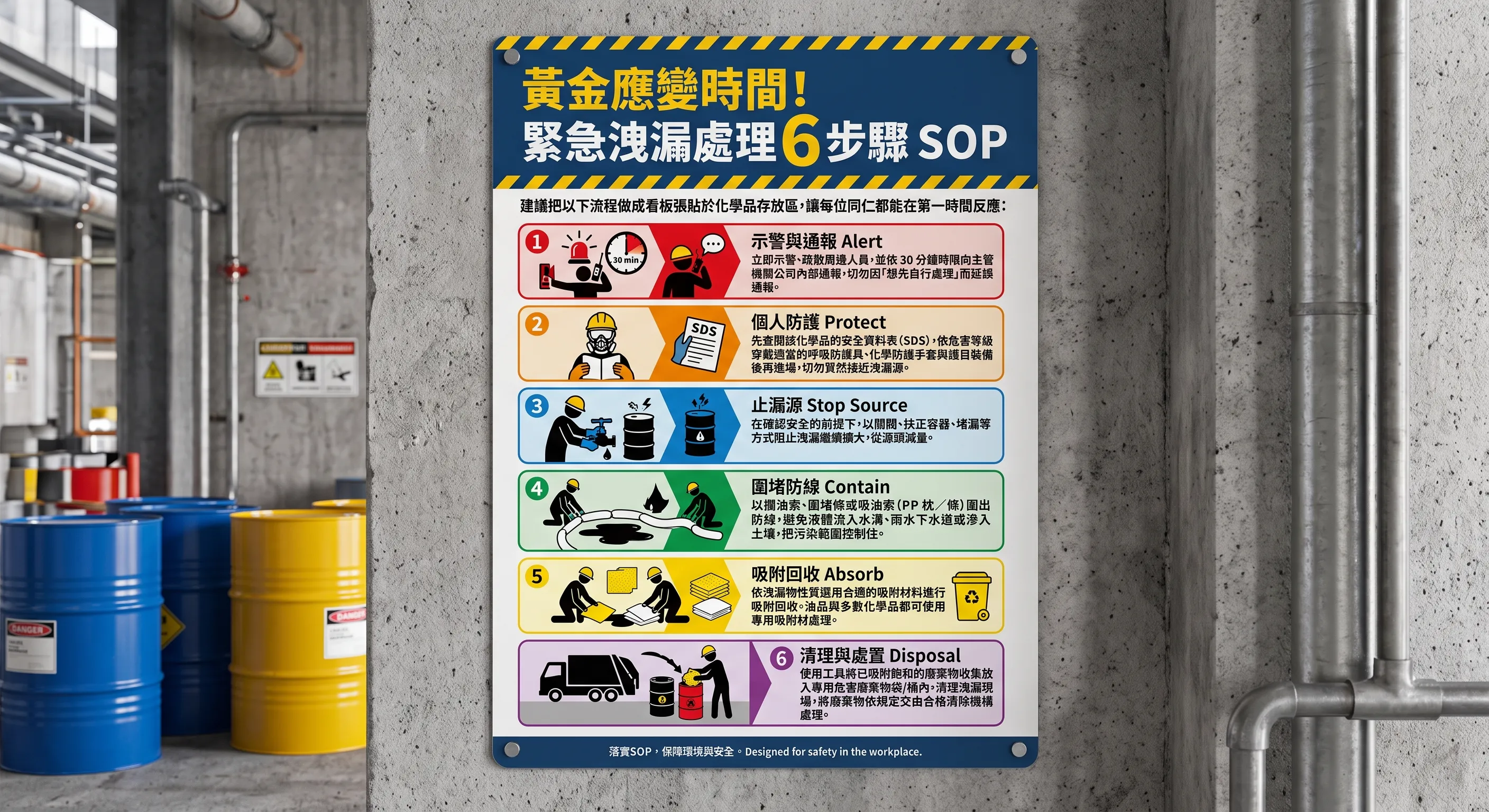 洩漏應變六步驟：警示通報、個人防護、阻止漏源、圍堵、吸附與處置